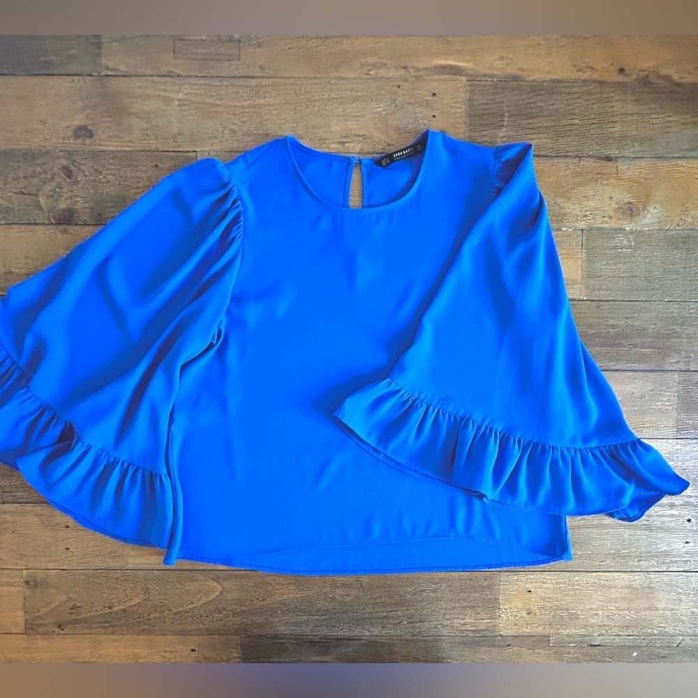 Zara Cobalt Blue Ruffle Bell Sleeve Blouse | Flowy Round Neck Top Lightweight - Picture 6 of 10